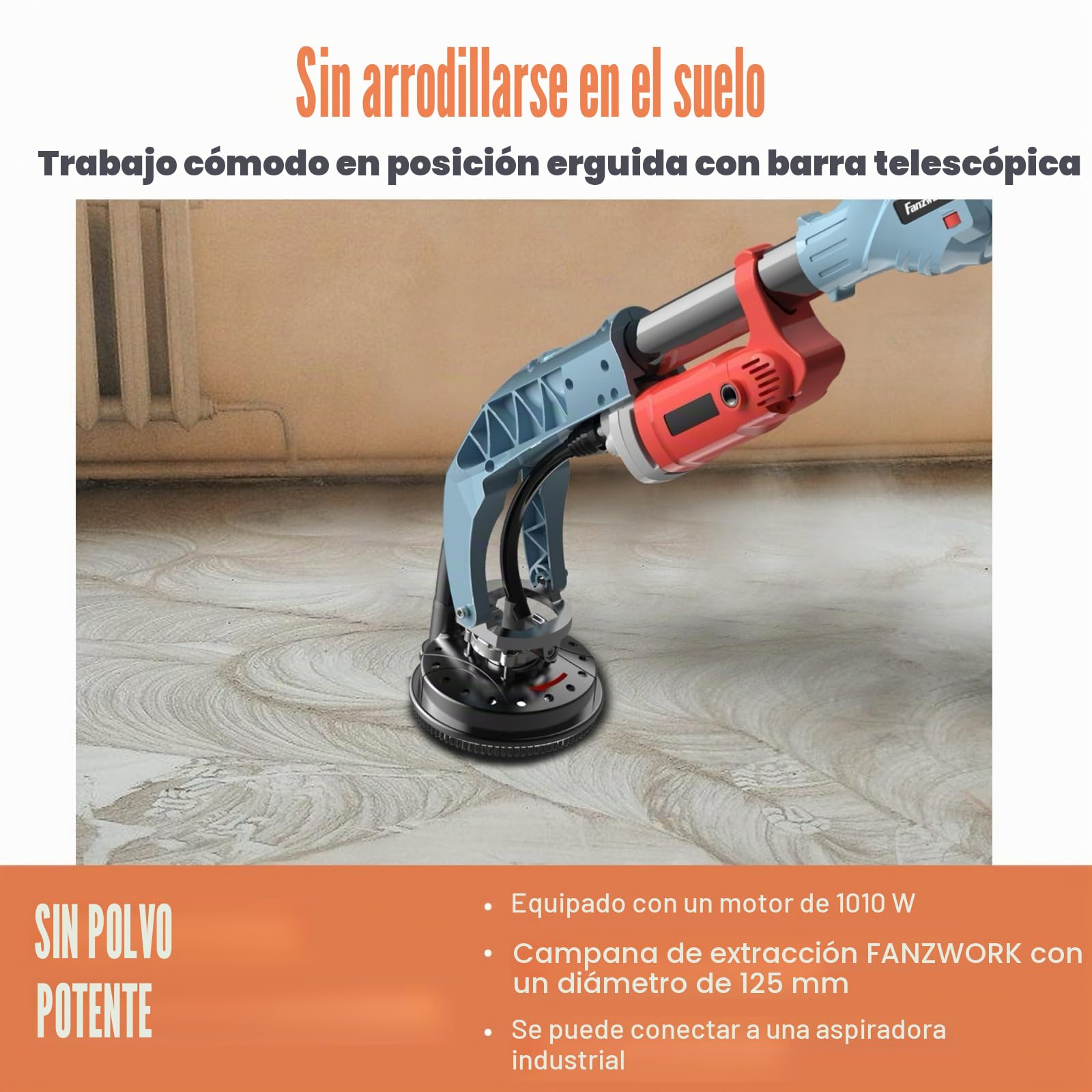 FANZWORK - Lijadora de hormigón de 1010 W con barra telescópica de hasta 1,20 m. Incluye cabezal de lijado de diamante de 125 mm y bolsa de transporte. Velocidad regulable: ideal para alisar hormigón,