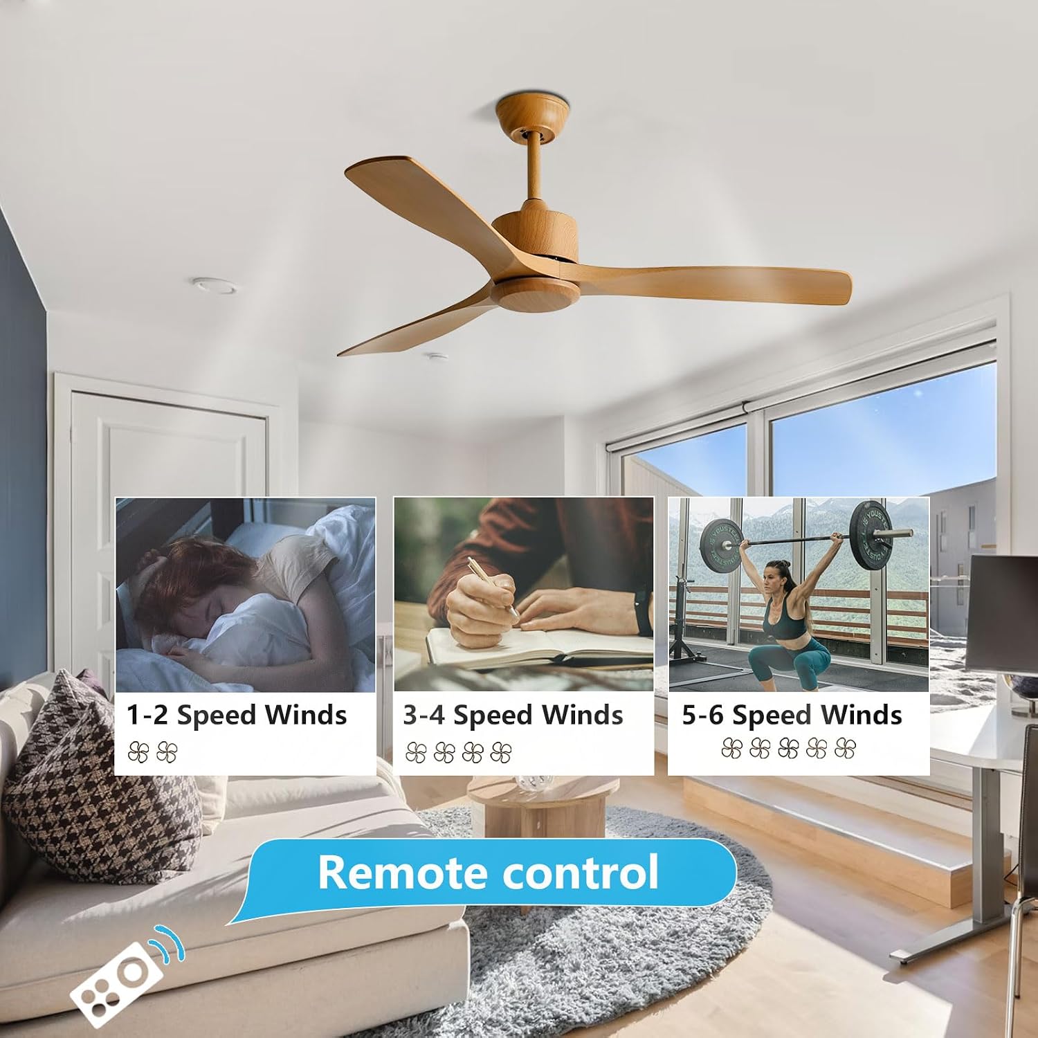 6-Speed Quiet Ceiling Fans with Remote Control, Indoor 42in Ceiling Fan No Light ABS Wood Grain Blades, Modern Ceiling Fan without Lights for Bedroom Living Room Farmhouse