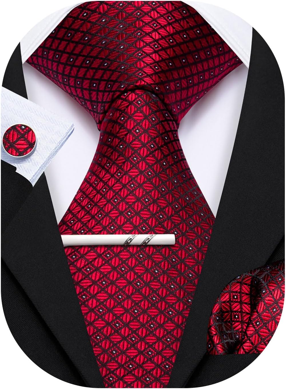 Check Tie Set Men Pocket Square Cufflinks Silk Plaid Business Tie Wedding Fashion
