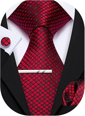 YOHOWA Men Plaid/Striped Ties Clip Set Silk Necktie Pocket Square Cufflinks