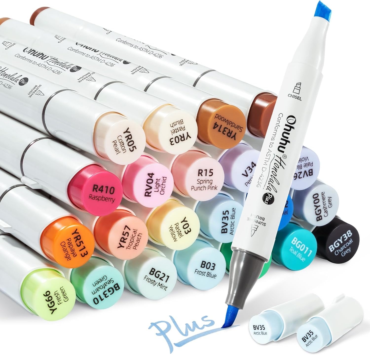 Ohuhu Brush Markers Honolulu Plus: 24-color Supreme Brush& Chisel Dual Tips Alcohol-based Art Marker Set for Artist Adult Coloring Book Illustrations- Refillable