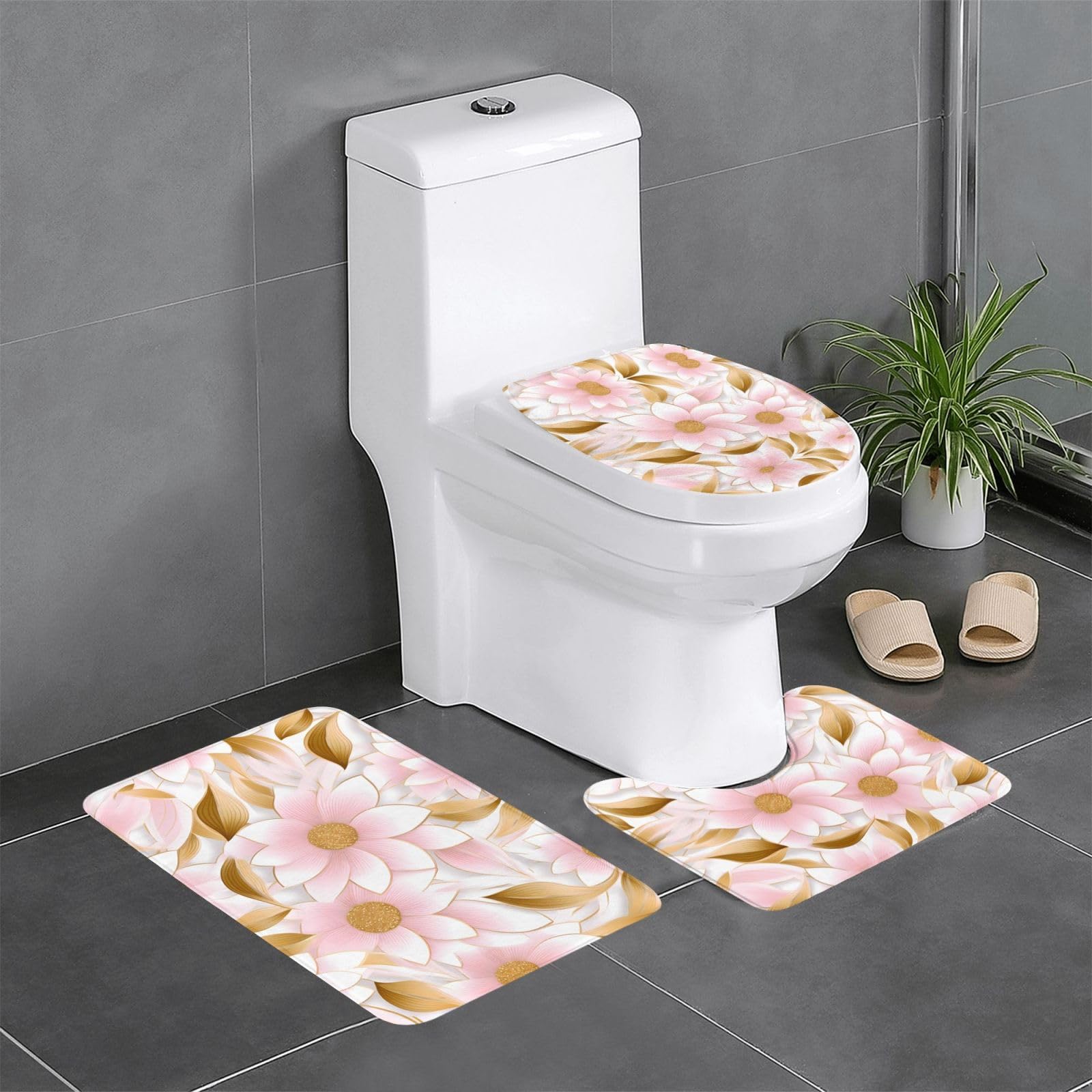Tapis de salle de bain antidérapant à fleurs lot de 3 pour sécuriser WC et coiffeuse