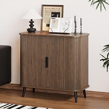 Svimi Accent Cabinet with Sliding Doors - Walnut Sideboard Buffet Cabinet with Storage for Coffee Bar, Console Table - MCM Design Bar Cabinets for Modern Home Decor Set 2