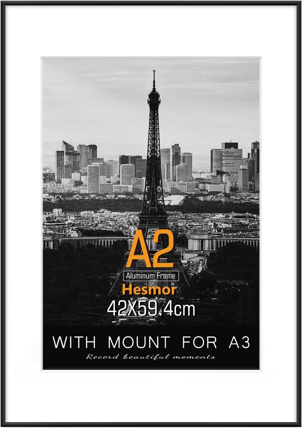 Hesmor A2 Picture Frame Aluminum Acrylic in Black - A2 Photo Frames 16.5 x 23 inch Size Black Pictures Frames with Clear Plexiglass for Wall Mounting, Single Poster Frames with Mat for A3