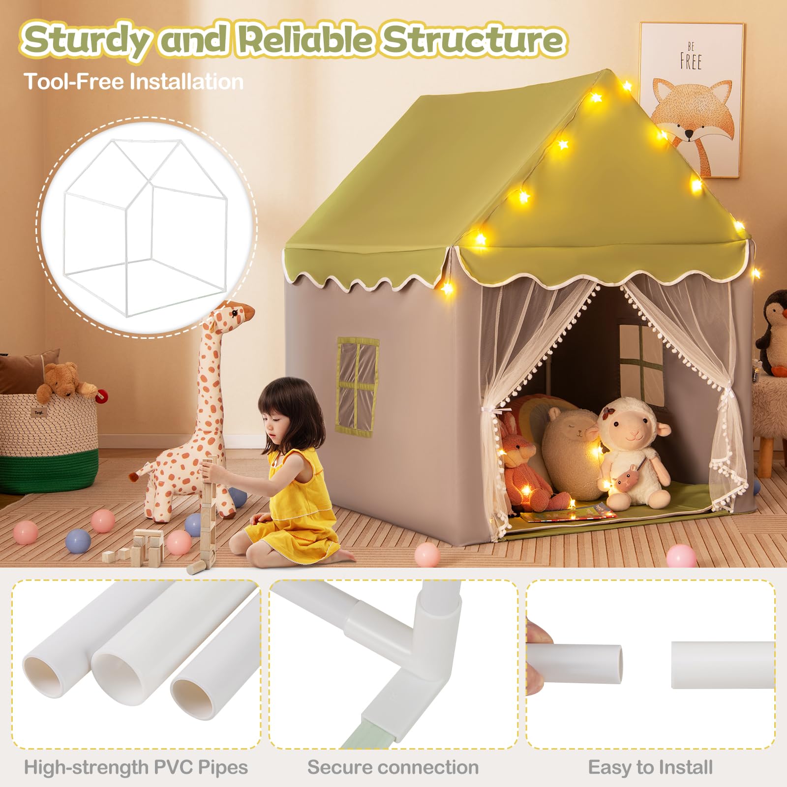HOMASIS Tienda de campaña Infantil de Interior, Castillo de Juegos con Alfombra Lavable y Luces LED en Forma de Cuerda, Casita con Cortinas y Ventanas, para niños y niñas, 121x105x136cm (Verde)