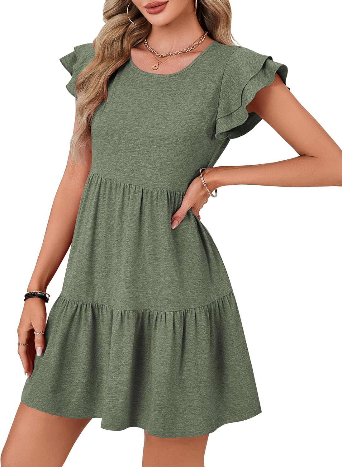Vrtige Women's 2025 Summer Casual Mini Dress Crewneck Ruffle Short Sleeve Pleated A Line Short Dress Army Green Medium - Image 3