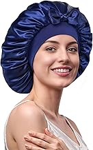 Umisleep 100% Mulberry Silk 22 Momme Large Silk Bonnet for Sleeping, Double Layer, Non-Slip and Breathable with Adjustable Strap for Long Curly Hair, Night Blue