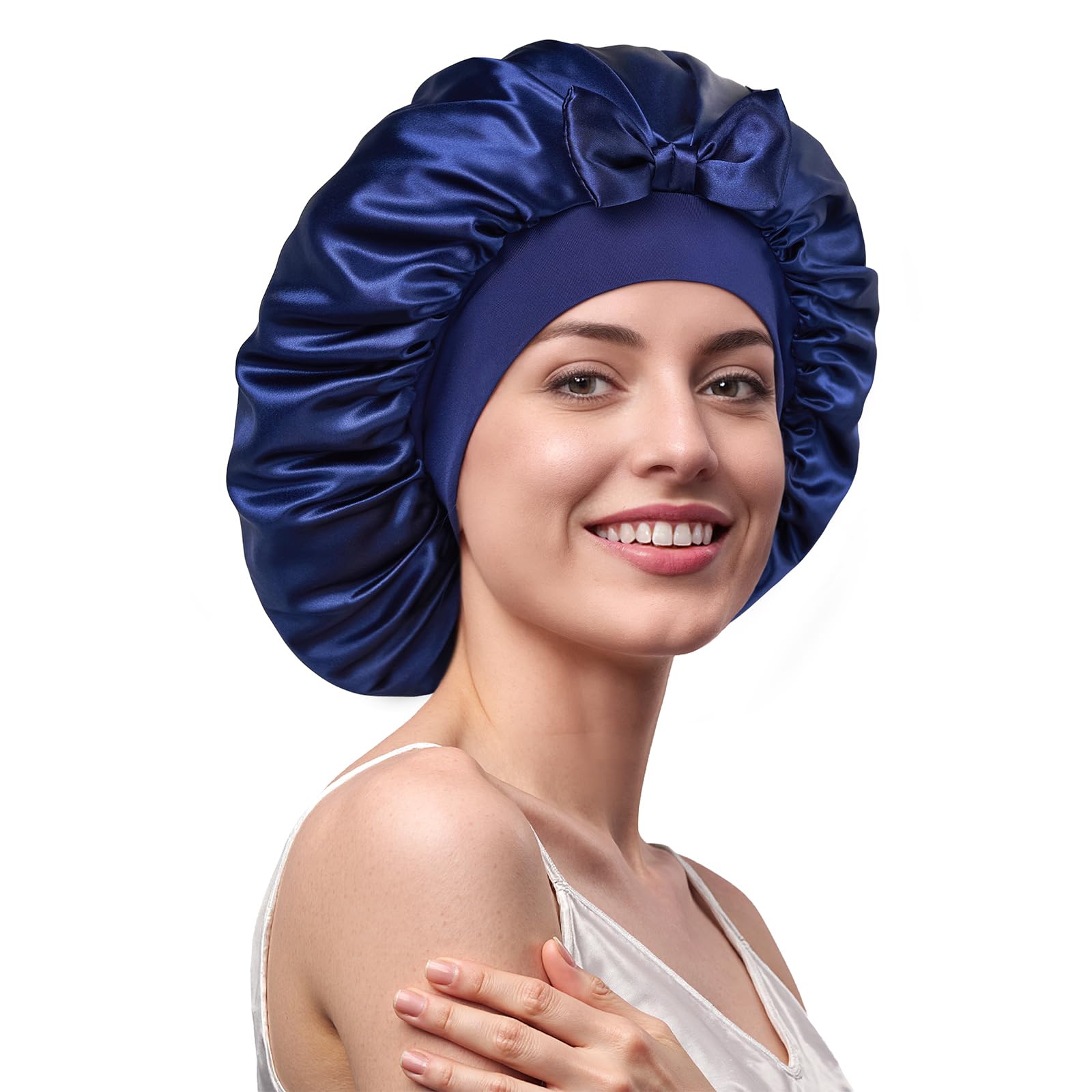 Umisleep 100 % Maulbeerseide 22 Momme große Seidenhaube zum Schlafen, doppellagig, rutschfest und atmungsaktiv, mit verstellbarem Band für lange, lockige Haare, Nachtblau