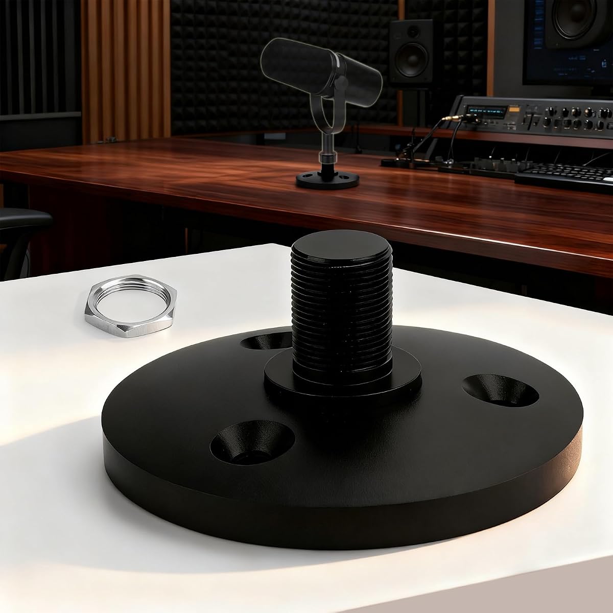 Soporte de micrófono de escritorio para Shure MV7/MV7+ | Base de micrófono desmontable de perfil bajo premium con tuerca de bloqueo, soporte de escritorio seguro y que ahorra espacio