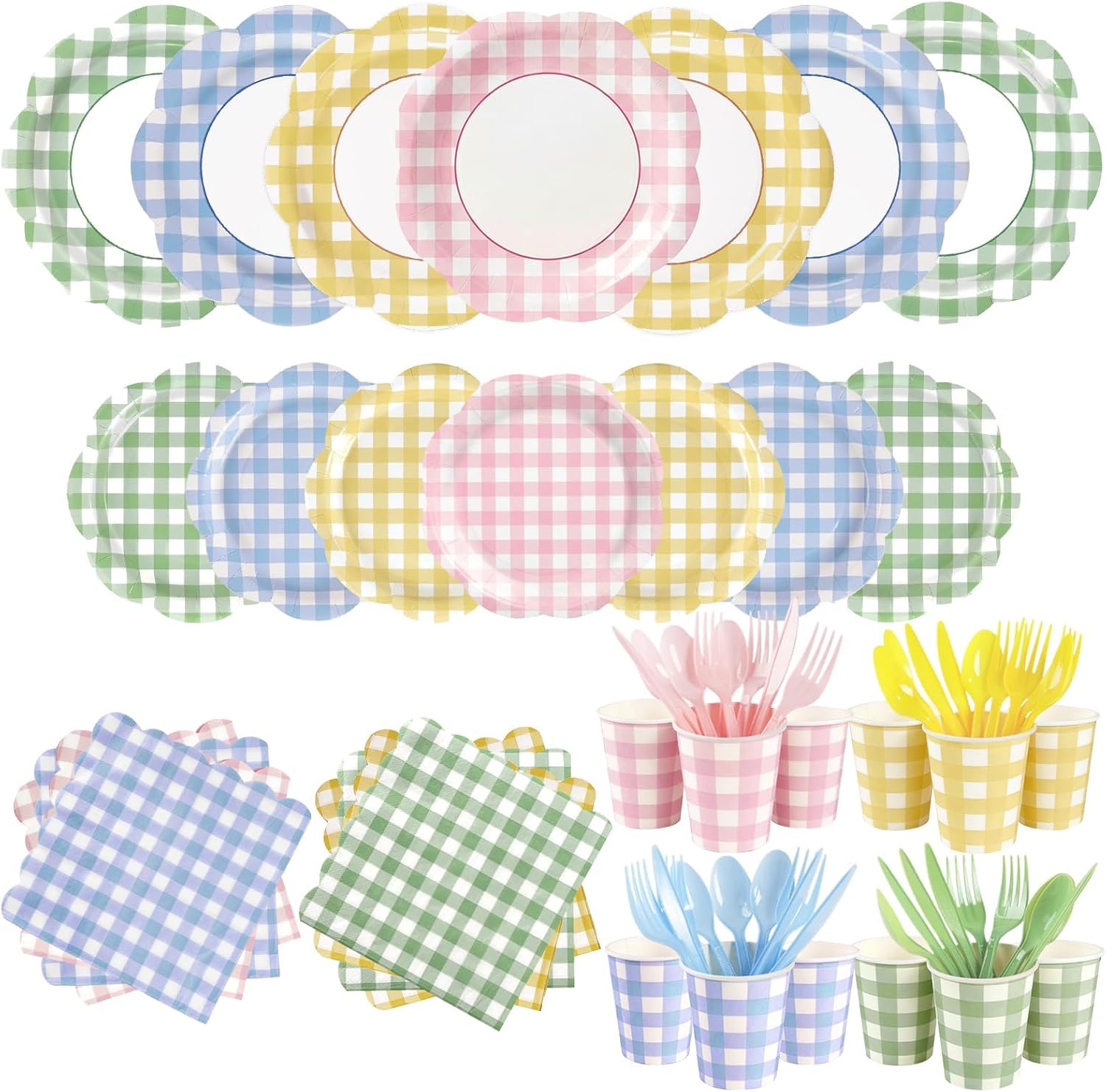 168Pcs Gingham Paper Plates and Napkins Set in 4 Colors for 24 Guests