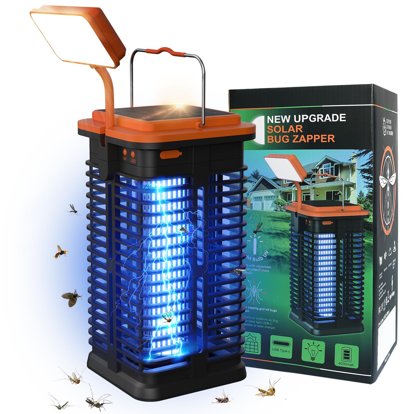 Insetticida elettrico solare con luce a LED, 4000 mAh, protezione solare dalle zanzare, elettrica anti zanzare, trappola per insetti per interni ed esterni, campeggio, terrazza