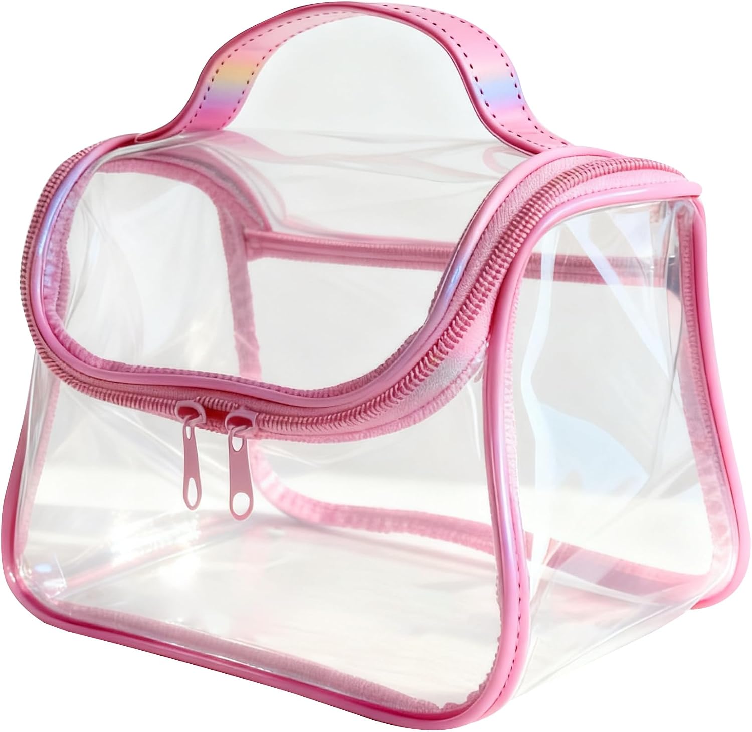 Heavy Duty Clear Travel Makeup Bag, 9.05 x 5.9 x 5.51 inches, Transparent Waterproof Toiletry Organizer with Handle PVC Cosmetic Wash Bath Storage Bag (Pink)