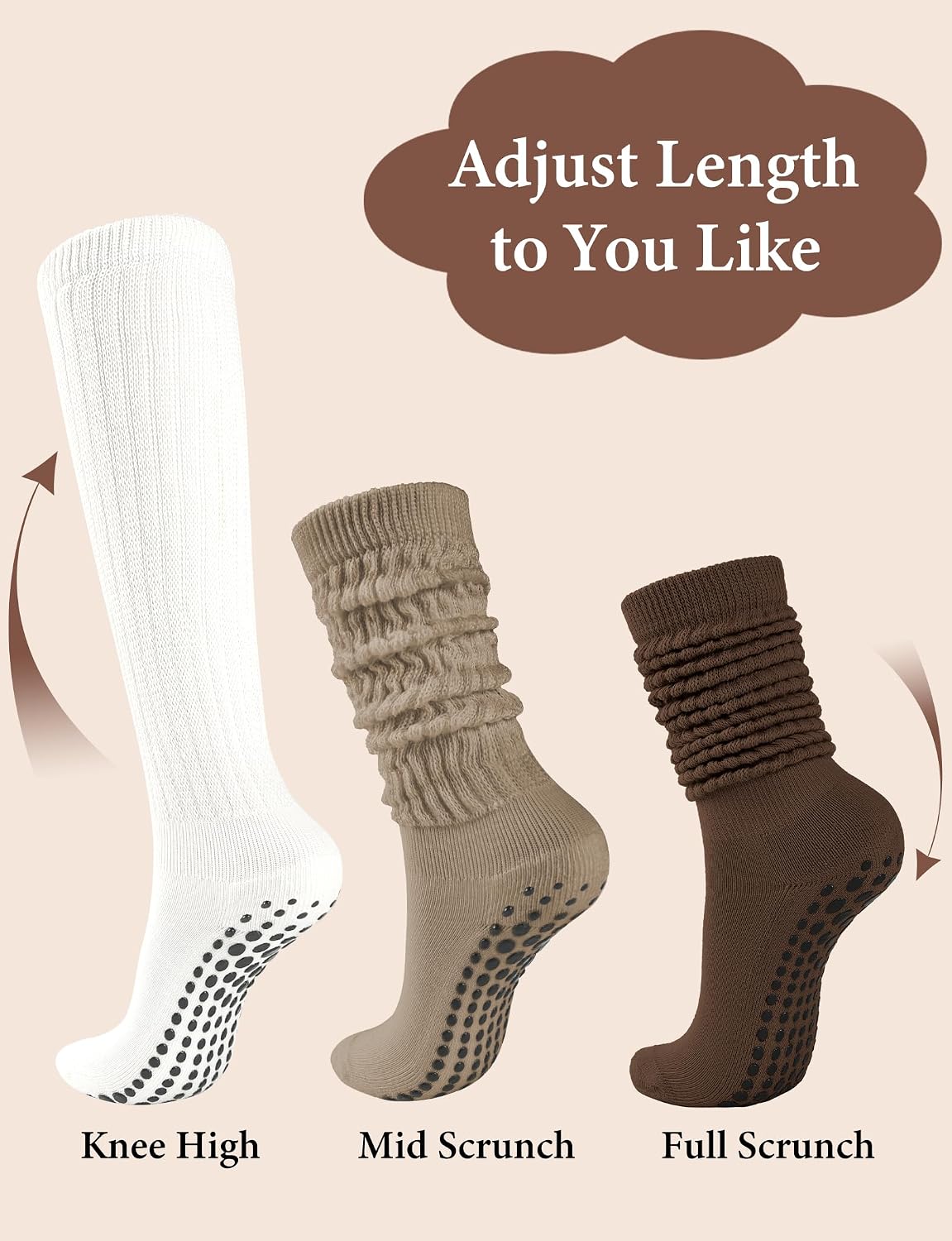 AURUZA Pilates Socks with Grip for Women, Slouch Socks for Yoga Barre Workout Hospital Long Scrunch Slipper Socks
