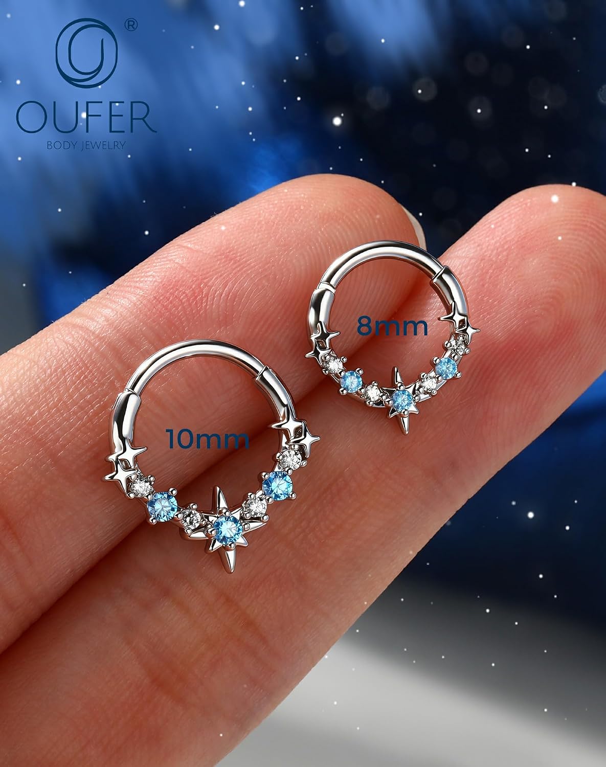 OUFER Spetum Rings 16g, Star Helix Piercing Jewelry made of 316L Surgical Steel, Black Blue AB Cubic Zircon Daith Tragus Earrings for Women-8mm