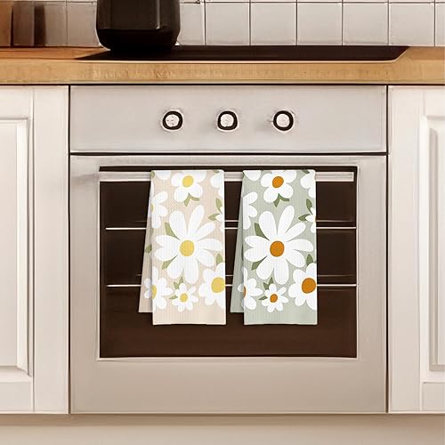Miniatura 3 de Toallas de cocina con diseño floral de margaritas, estilo retro de los años 70, color marrón y verde, toalla de mano rústica estilo botánico