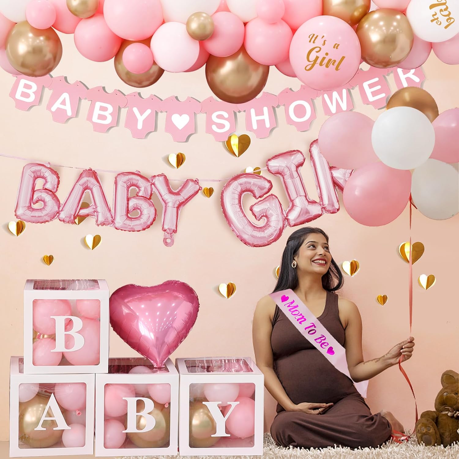 Baby Shower Decoration For Girl Pink Gold Balloons And It's A Girl Party Supplies Complete Set