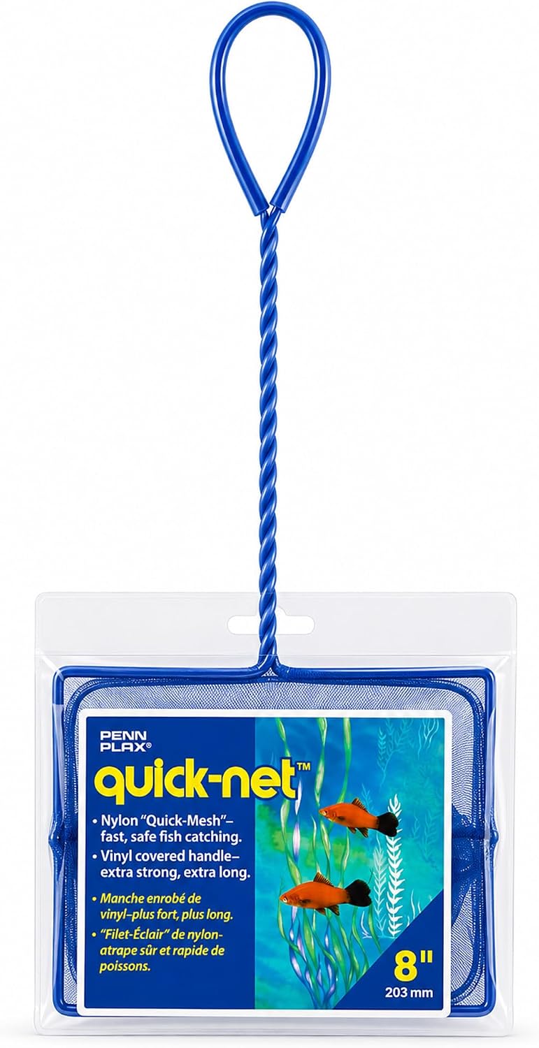 Penn-Plax Quick-Net Aquarium Fish Net - 8 x 6 in Fine Mesh, 10 in Vinyl-Covered Braided Handle - Small Aquarium Cleaning Tool for Gentle Fish Handling - Use in Freshwater & Saltwater Tanks - Blue