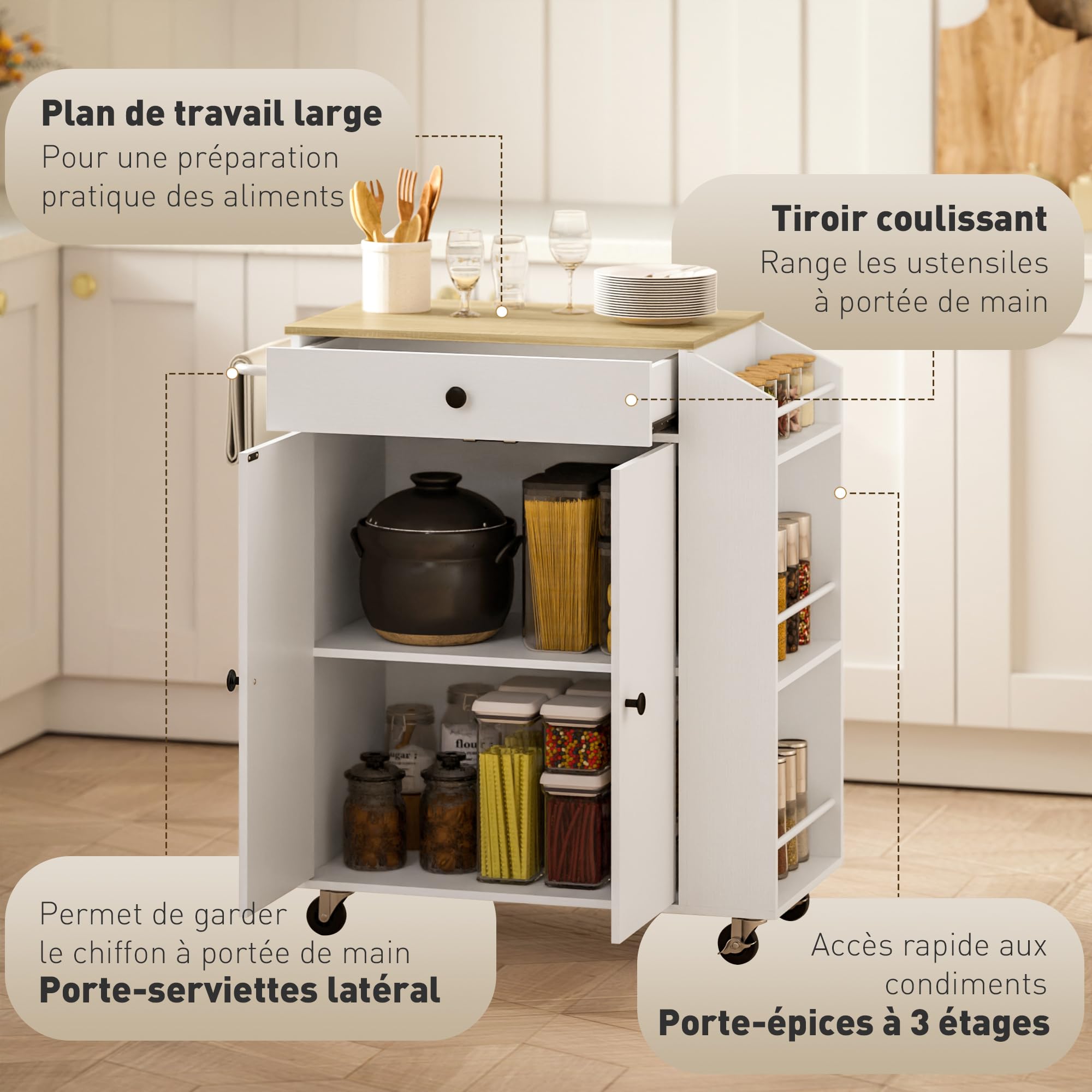 HOMCOM Îlot Central Cuisine Mobile, desserte Cuisine avec tiroir, étagère réglable, Placard à Deux Portes, Barre à Serviettes et étagères à épices pour Salle à Manger, Blanc