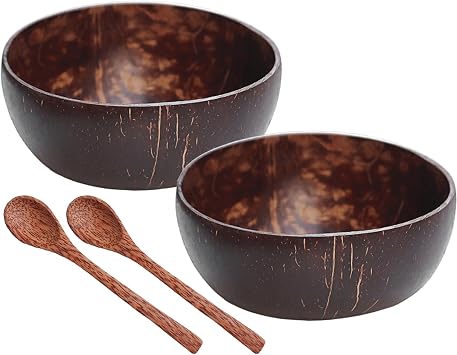 Wooden Bowls, Coconut Bowl, Polished Tableware Includes 2 Wooden Bowls & Spoons, Eco-Friendly & Lightweight for Salads, Breakfast, Decoration, Coconut