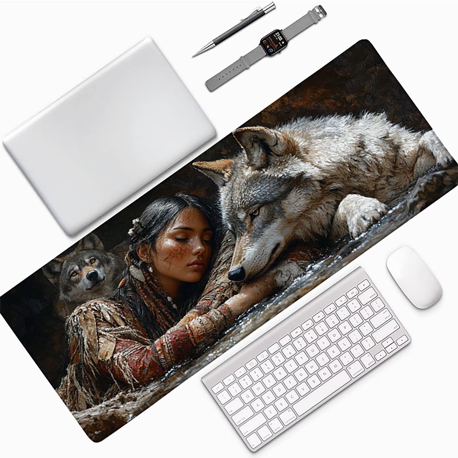 Podkładka pod mysz XXL 1200 x 600 x 3 mm, szara podkładka pod mysz Wolf ze zszytymi krawędziami, antypoślizgowa gumowa podstawa rozszerzona podkładka pod mysz do gier na pad do biura akcesoria do gier