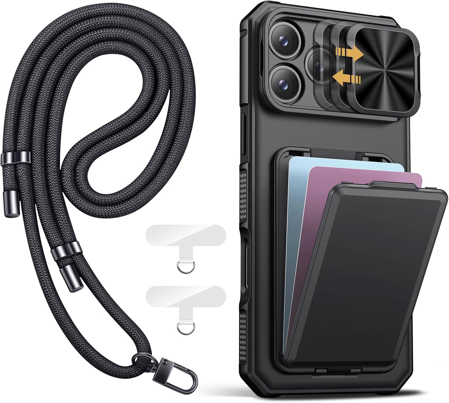 SSLOTSCASE for iPhone 17 Pro Max Case with Phone Lanyard Crossbody (2X Tabs), Card Holder & Kickstand & Slide Camera Lens Cover & Camera Stand, Rugged Durable Case Cover for iPhone 17 Pro Max, Black