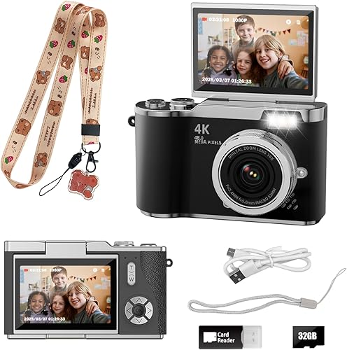 Cámara para niños, cámara digital 4K para fotografía, cámara de video selfie HD 1080P de 48MP, con pantalla giratoria de 180° y flash, con tarjeta