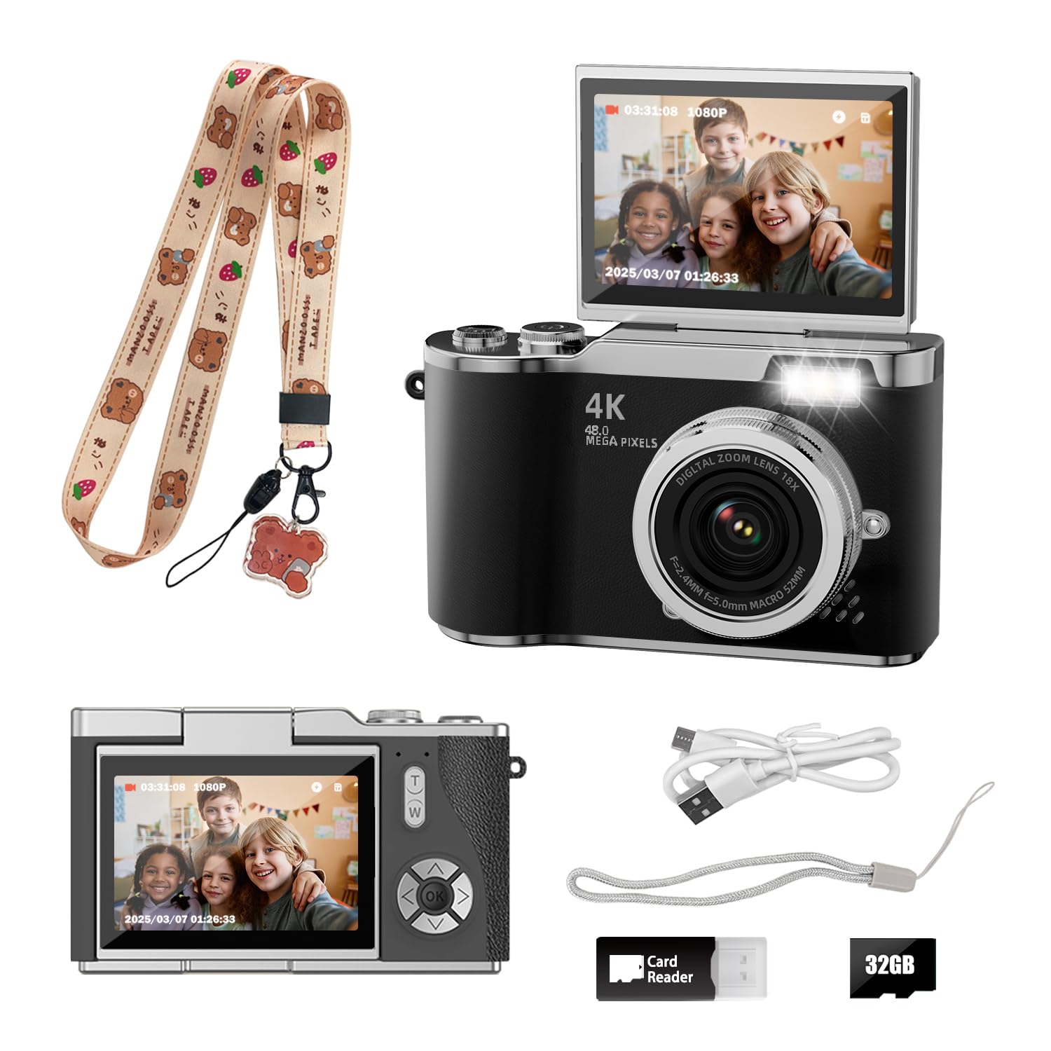 HEYMAO Kids Digital Camera 48MP 1080P Selfie Camera 2.4" Flip Screen 32GB SD Card Boys and Girls Toys 3-12 Years Old