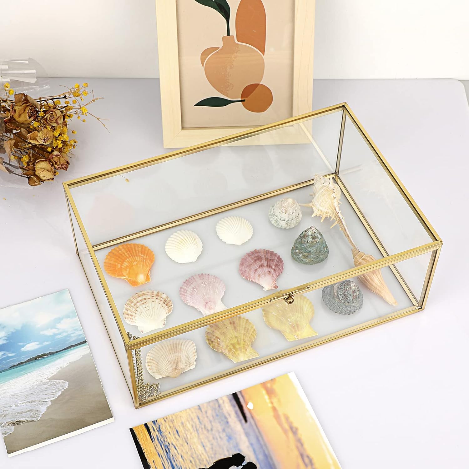 Hipiwe Vintage Glass Keepsake Box - Rectangle Jewelry Display Organizer, Vanity Lidded Home Decor Accent for Storage Trinket Rings Bracelet Rock - X-Large