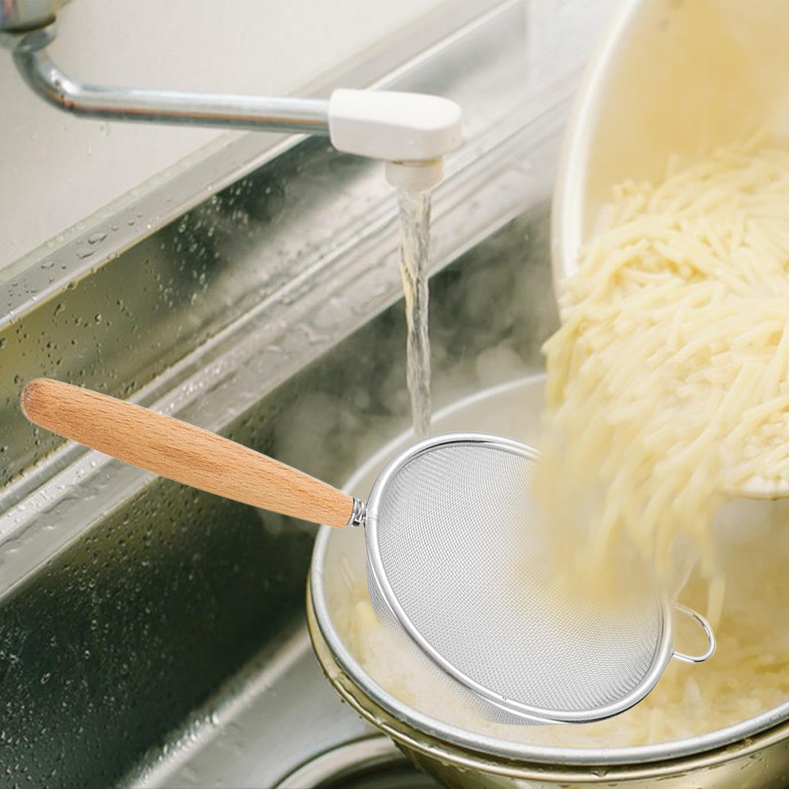 MRKU Küchensieb – Lebensmittelsieb für Tee, feiner Edelstahl 304 mit Holzgriff, hitzebeständig und langlebig