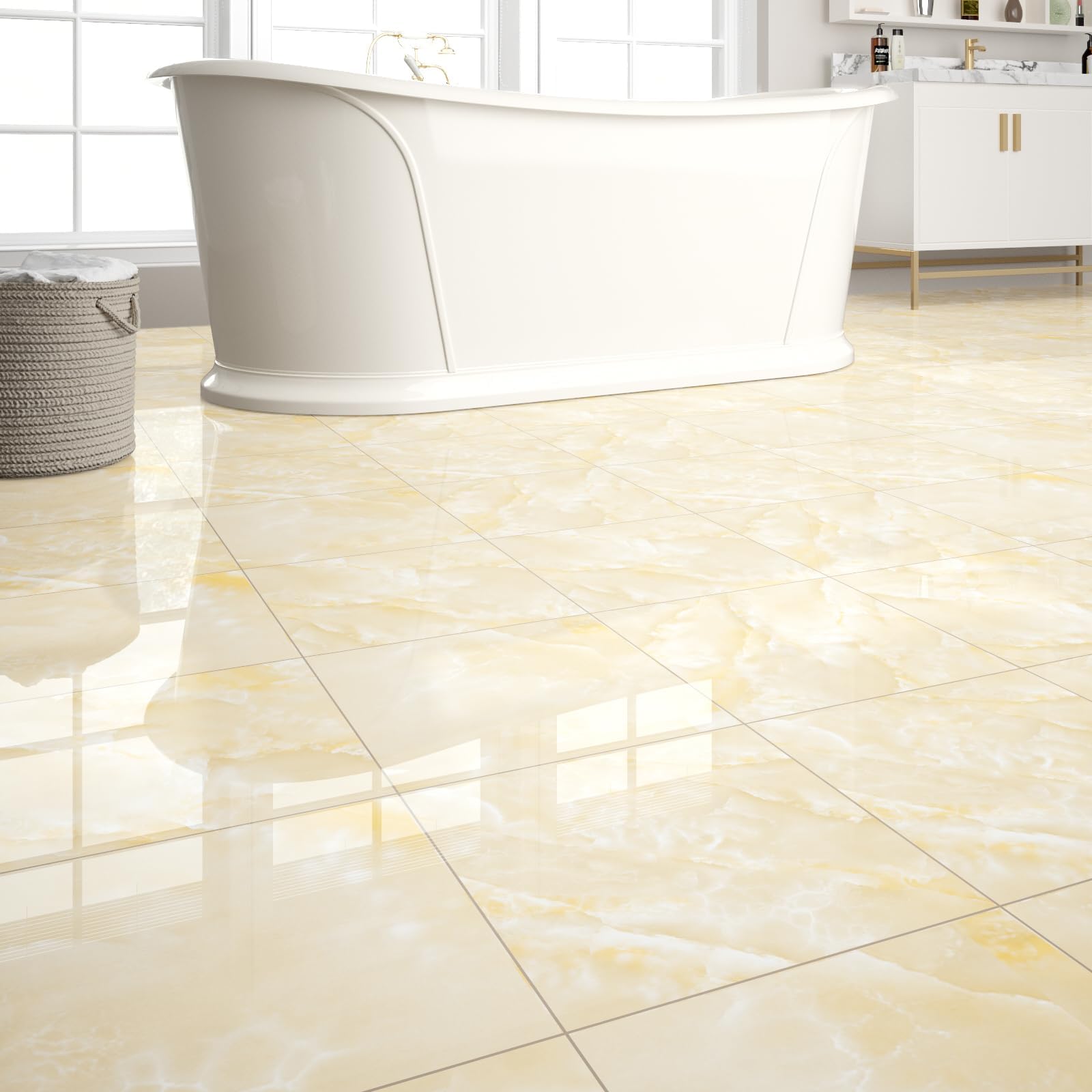 40-Pack 40 Sq.Ft Peel and Stick Floor Tiles Vinyl Polish Pattern Flooring, 12” x 12” Self Adhesive Vinyl Flooring DIY for Kitchen, Bathroom, Laundry, Polish Ivory Beige Marble