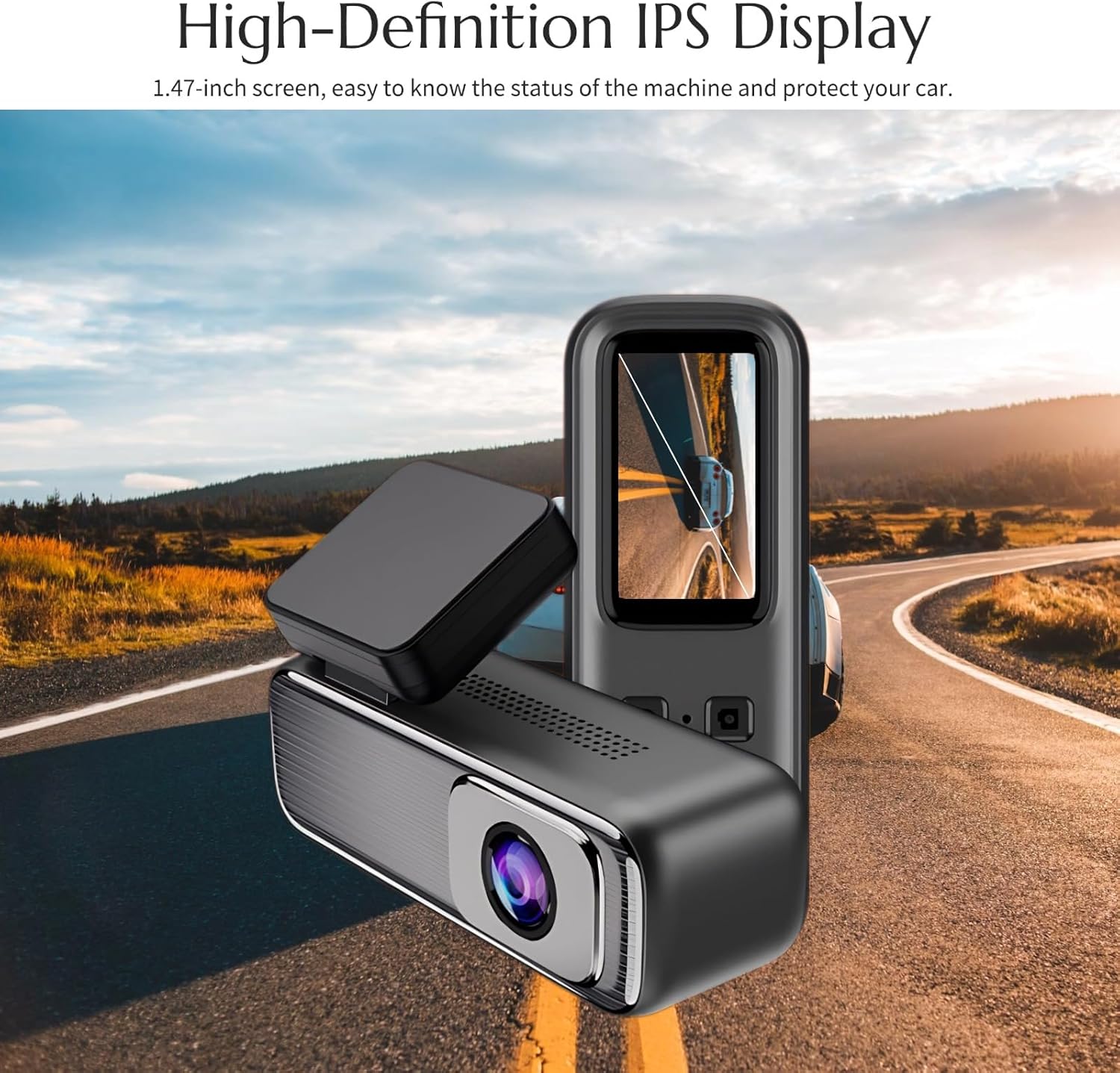 Image showing the dash cam with its 1.47-inch IPS display