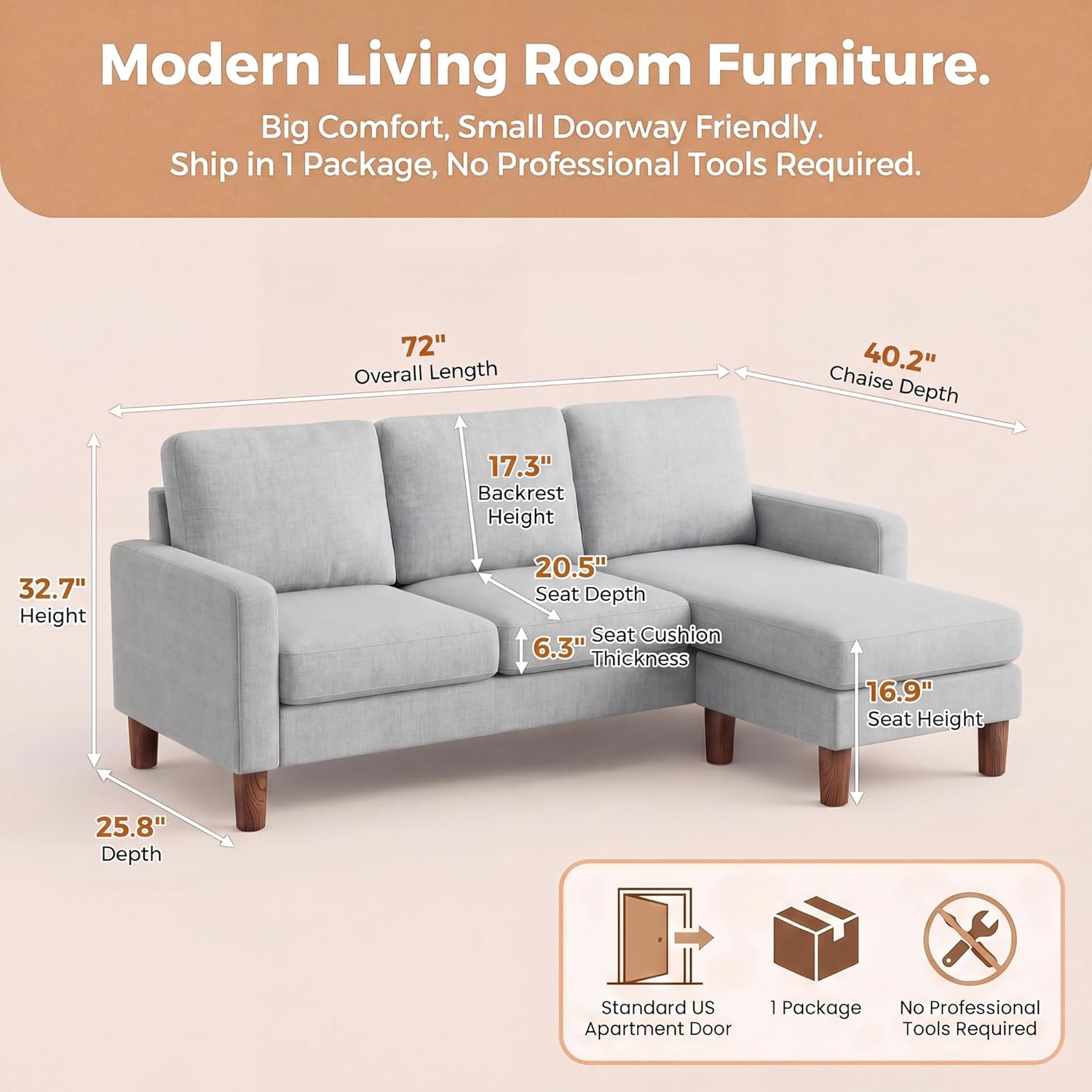 Homall Modular Sectional Sofa Couch, Convertible L-Shaped Sectional Sofas with Ottoman, Compact Couch for Small Apartments, Living Room and Office (Linen-Like, Light Grey)