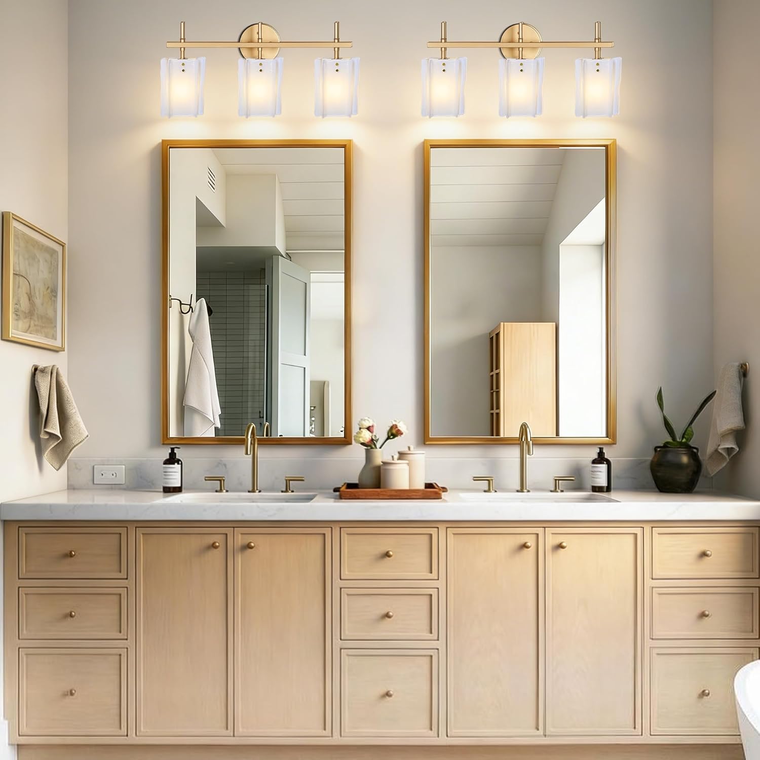 3-Light Milk Glass Bathroom Vanity Light, Gold Bathroom Light Fixture Over Mirror, Modern Vintage Vanity Lights for Bathroom, Mirror Cabinets, Powder Room, Living Room, 23.6" L