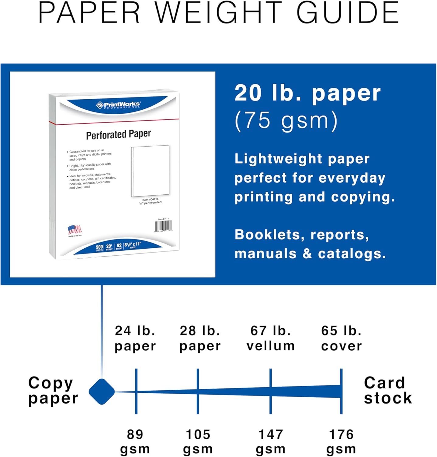 PrintWorks Professional 1/2" Vertical Perforated Paper 8.5" x 11" - Perfect For Booklets & Catalogs - Made in the USA - 500 Sheets - 20 lb - Printer Compatible - White (04114)