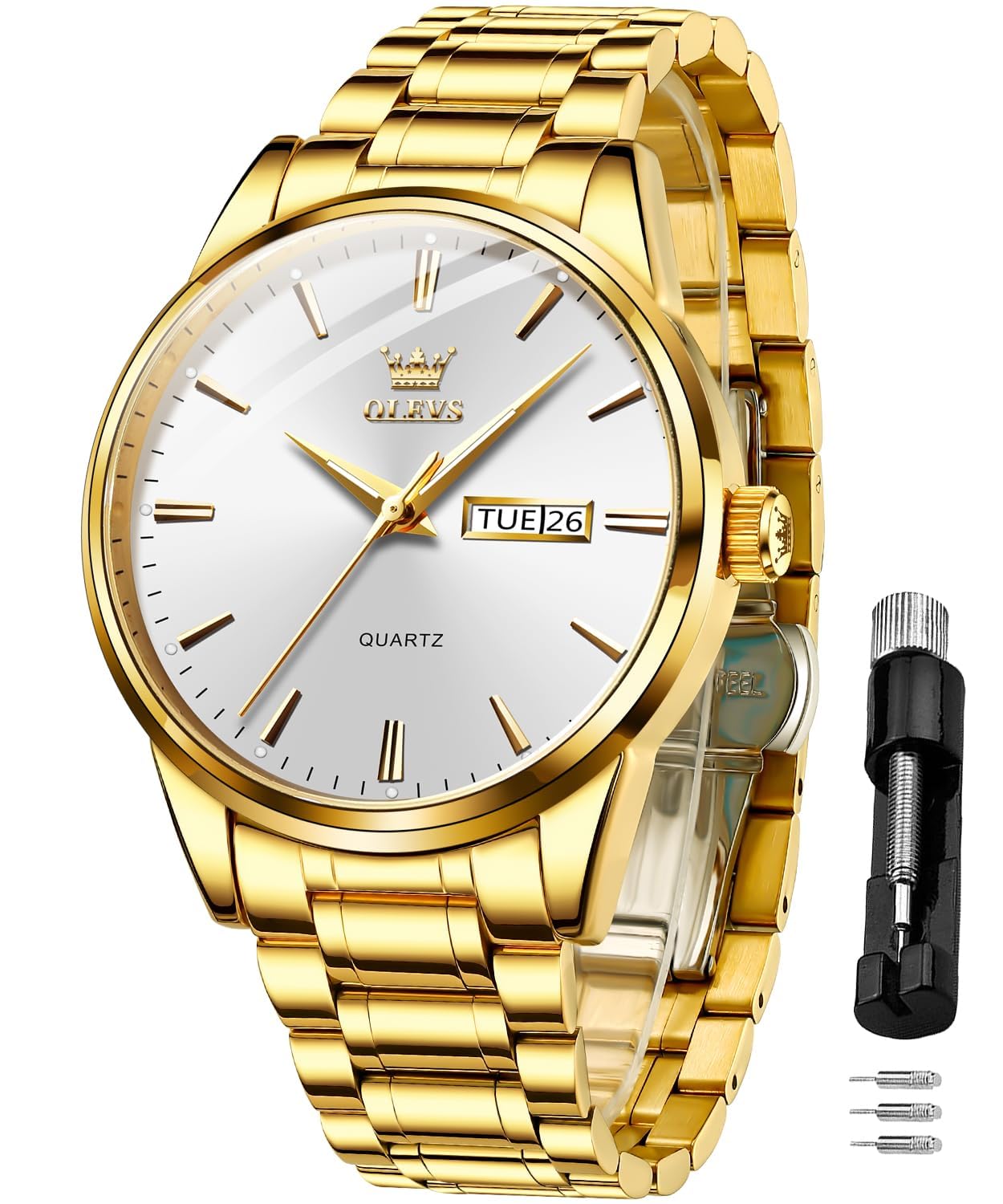 OLEVS Herrenuhren Goldene Schwarz Edelstahlarmband Quarz Uhr Männer mit Datum Wasserdicht Leuchtende Klassische Elegantes Armbanduhr Geschenk