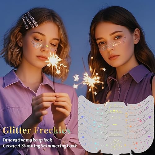 24pcs Halloween Freckles Makeup Patches Face Glitter Speckles, Costumes for Women, Halloween Temporary Face Tattoo Glitter Freckles, Halloween Accessories for Woman ＆ Kids(24Pack-Holographic)