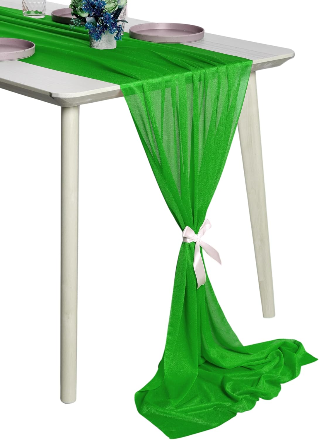 MDS 12 Pack 10ft Chiffon Table Runner 29 x120 Inches Sheer Wedding Runner Romantic Rustic Table Runner for Wedding Decorations, Birthday Parties, Bridal Shower Party Arch Decor - Green