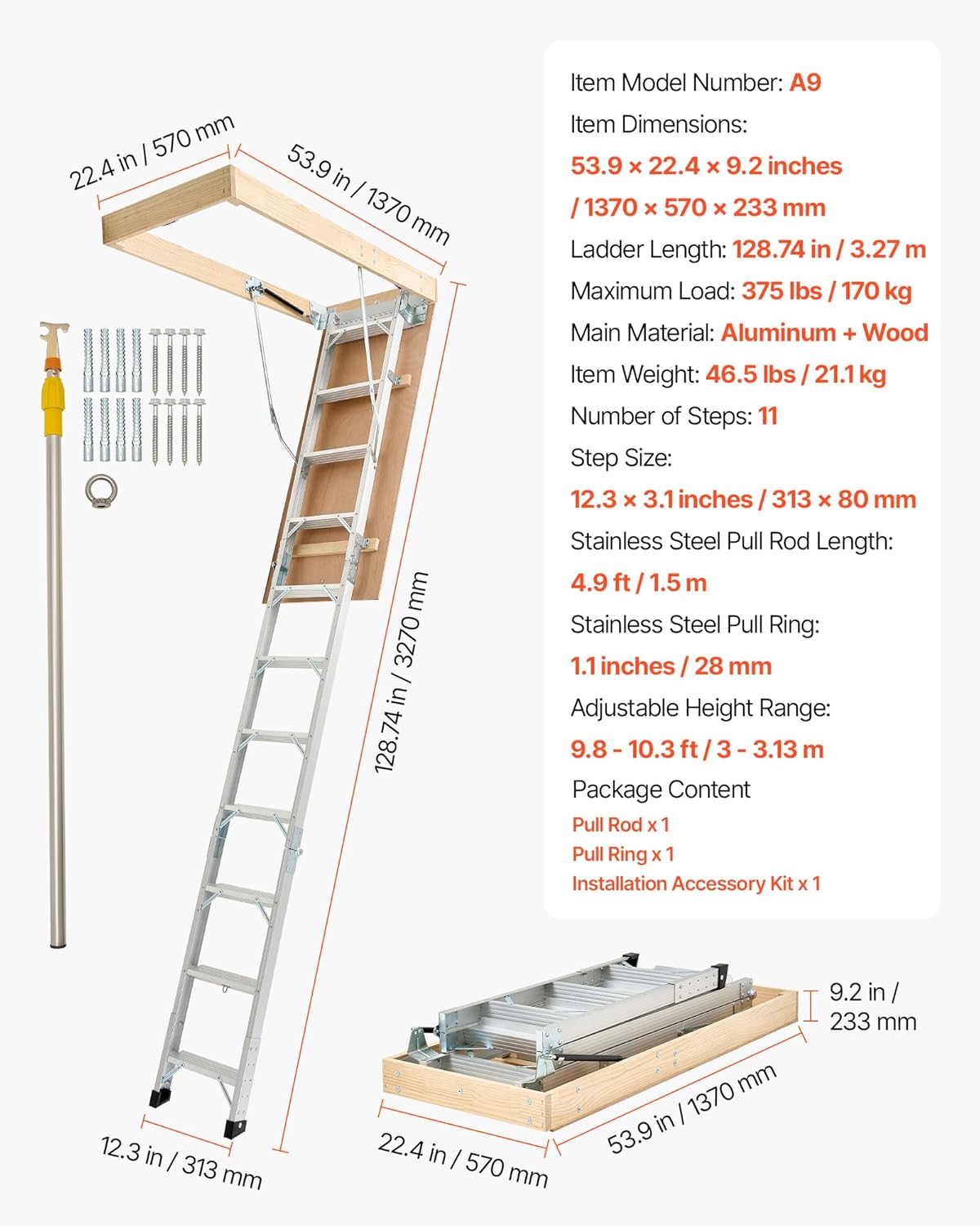 VEVOR Attic Ladder, 375LBS Capacity, 9.8 to 10.3 ft Height Adjustable, Multi-Purpose Foldable Aluminium Attic Stairs, Fits 7.66 to 10.25 ft Ceiling Heights for Convenient Access