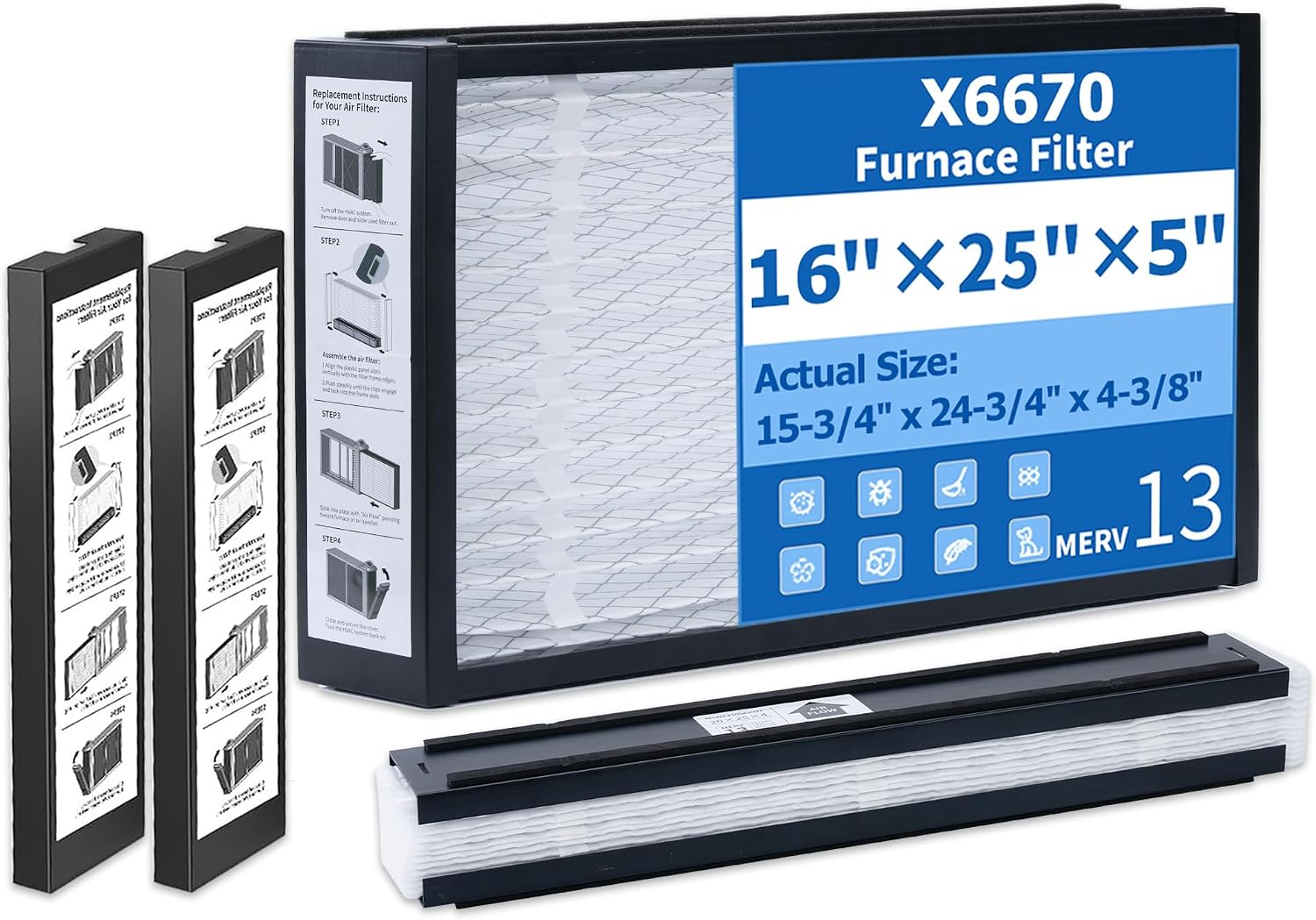 2-Pack MERV 13 Air Filters, Replacement for Lennox X6670 Pleated Furnace Filter, 16x25x5 (Actual 15-3/4" x 24-3/4" x 4-3/8"), Easy Install & Space-Saving