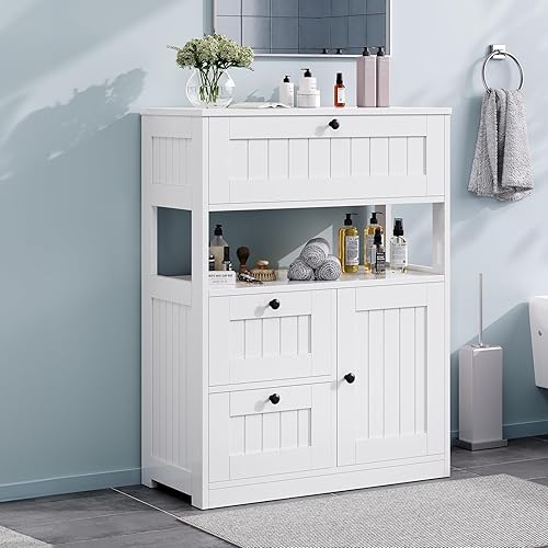 Armario de baño, moderno organizador de armario de almacenamiento de piso de baño con 3 cajones y estantes ajustables, muebles para el hogar para