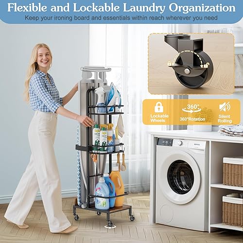 Miniatura 8 de Soporte para tabla de planchar, soporte para plancha y tabla de planchar sin montaje en la pared, carrito de organización y almacenamiento de