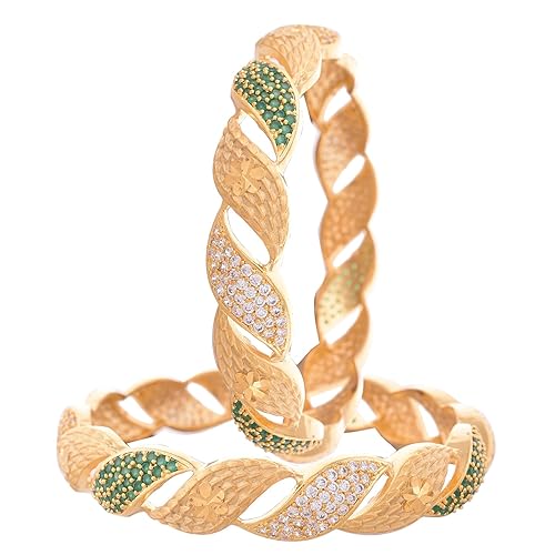 Ratnavali jewels American Diamond Studded Gold Plated Traditional Green Emerald Golden CZ/Diamond Bangles for Women/Girls RV1941G