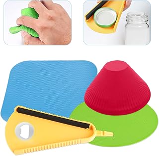 3 Rubber Jar Opener Grippers & 1 Lid Jar Opener for Seniors with Arthritis, Jar Opener Gripper Pads, Rubber Jar Grippers for Opening Jars and Bottles, Multi Purpose Bottle Lid Openers for Weak Hands
