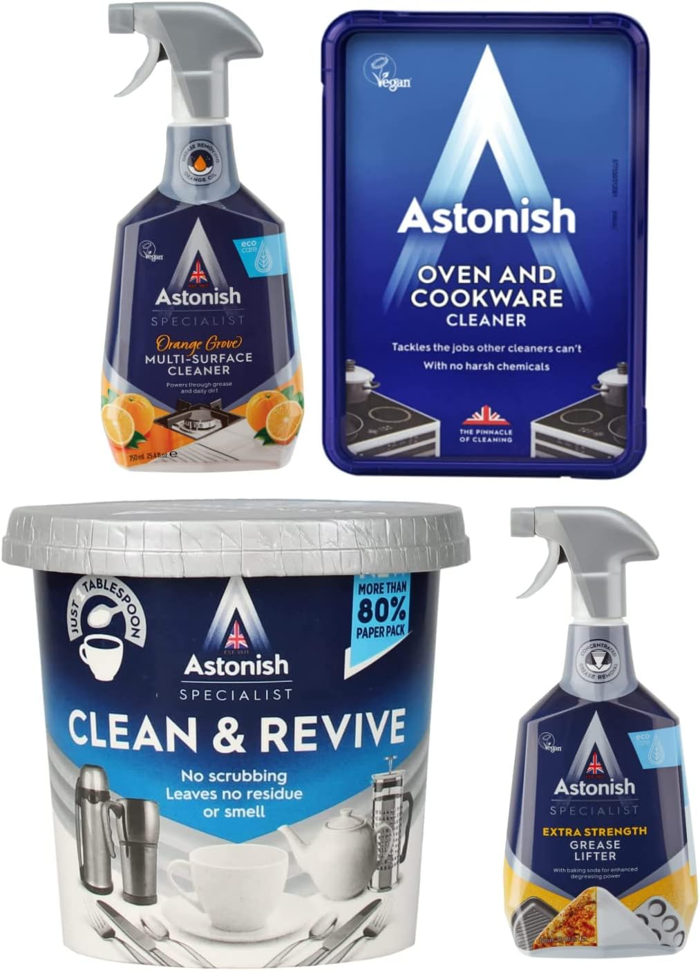 Astonish Specialist Kitchen Essentials Bundles - Includes Multi Surface Cleaner 750ml, Oven & Cookware Cleaning Paste 150g, Clean & Revive Foaming Powder 350g & Extra Strength Grease Lifter 750ml