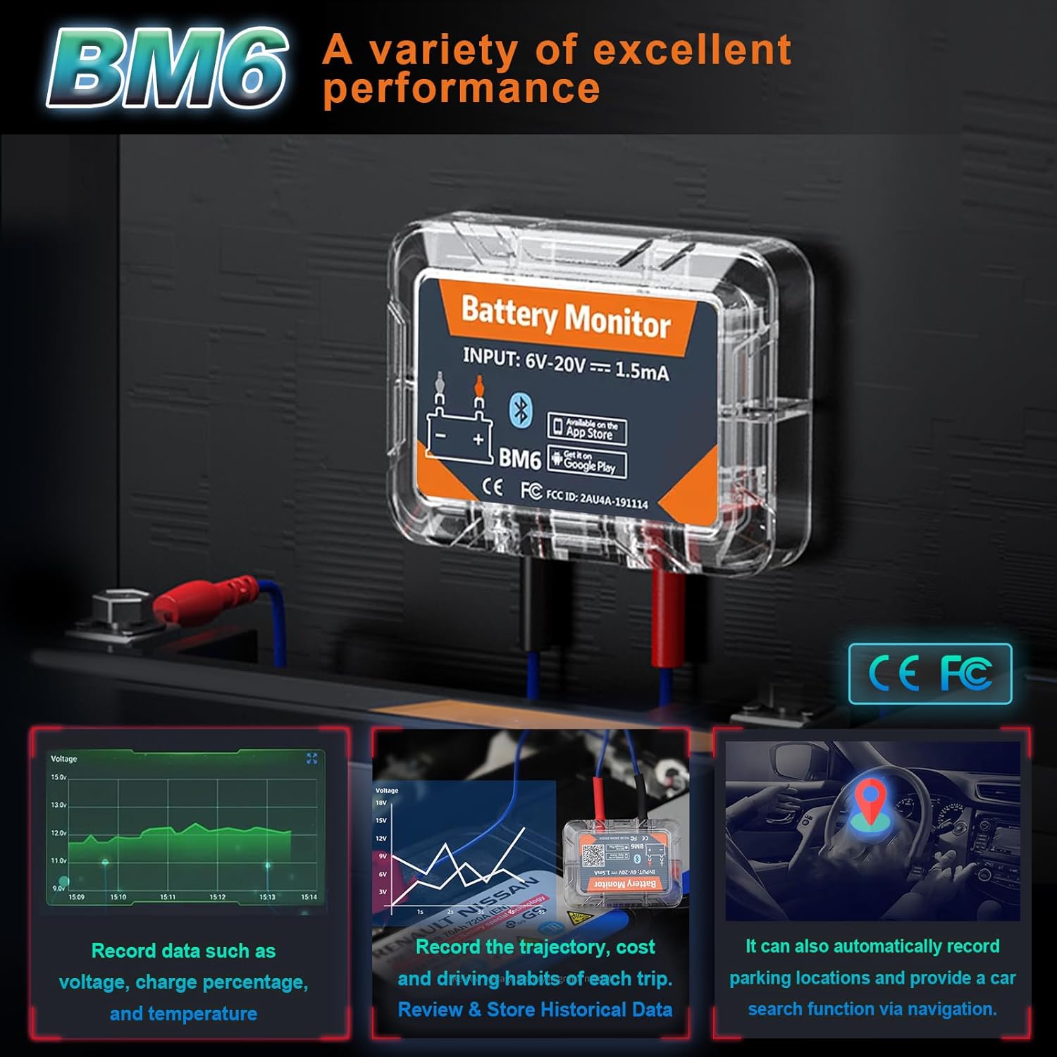 iKiKin BM6 battery monitor showing features like recording voltage, mokestis proctage, temperature, trip trajectory, and car search function via navigation.
