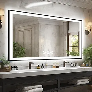 60x36 Lighted Mirrors for Bathroom Wall, Modern Rectangle Matte Black Mirror, Tempered Glass,Double Lights, 3 Colors Dimmable Temperature, IP54 Enhanced Anti-Fog, Memory (Horizontal/Vertical)