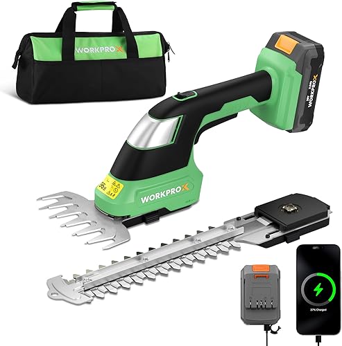 WORKPROX Cortadora de césped y arbustos inalámbrica de 20 V, 2 en 1, cortadora de césped eléctrica de mano, cortasetos y cortador de césped, batería