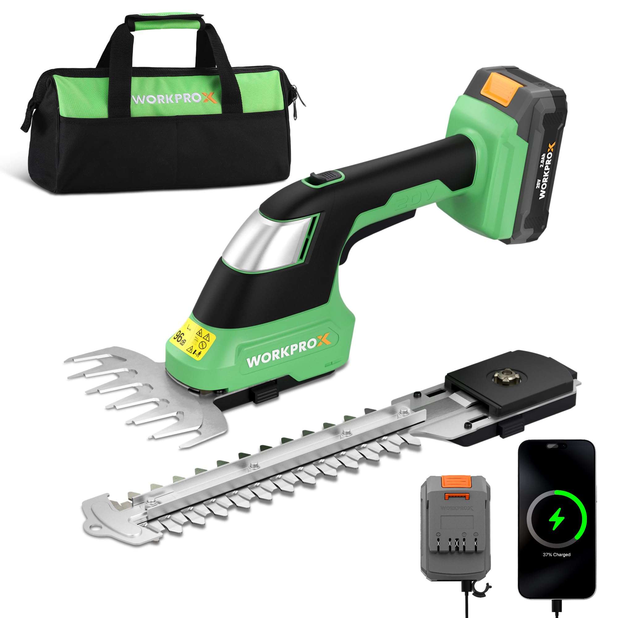 WORKPROX 20V Cordless Grass Shear & Shrubbery Trimmer - 2-in-1 Handheld Electric Grass Trimmer Hedge Shears/Grass Cutter, Rechargeable Lithium-Ion Bat
