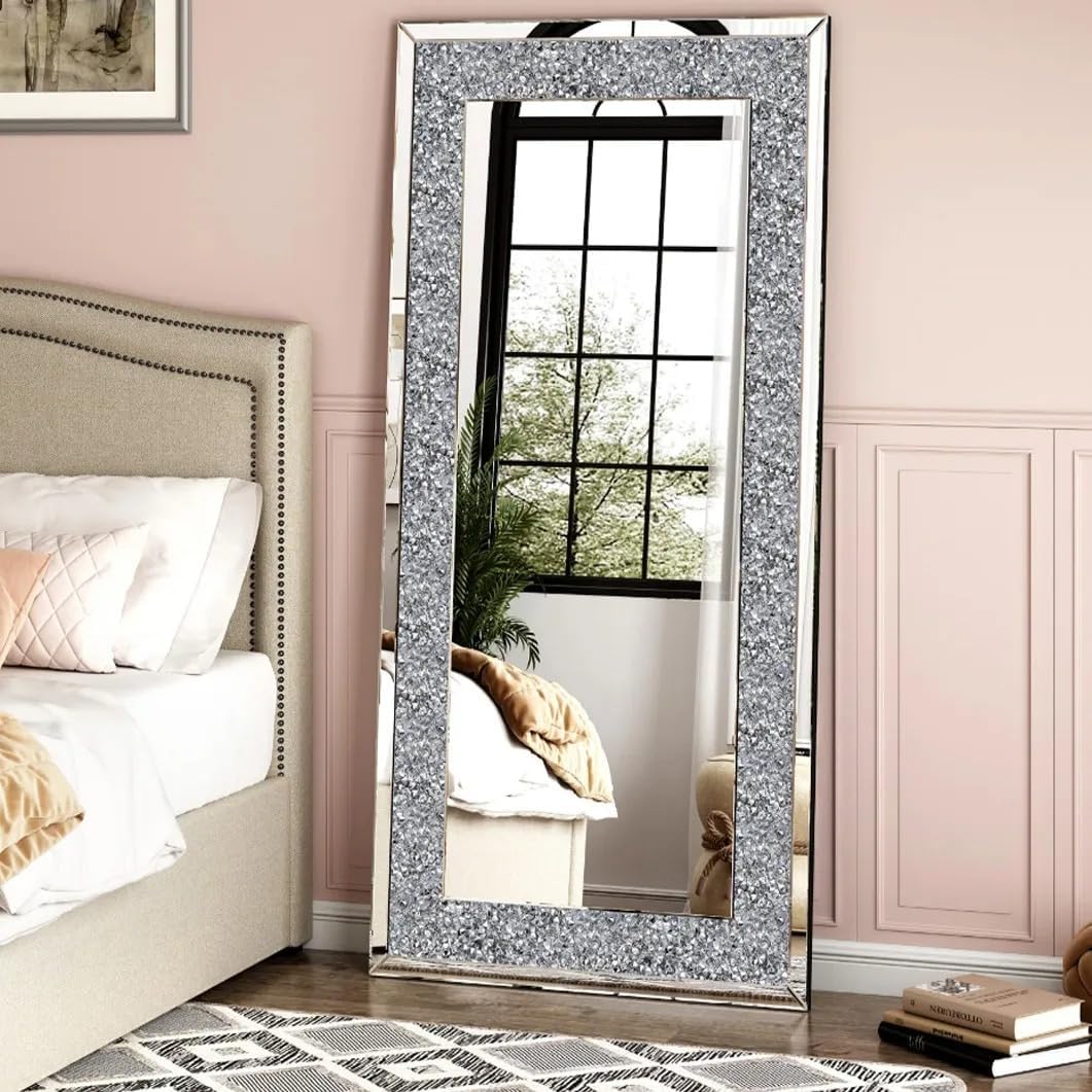 Charming Diamond Decorative Wall Mirror Crushed Crystal Long Full Length Mirror