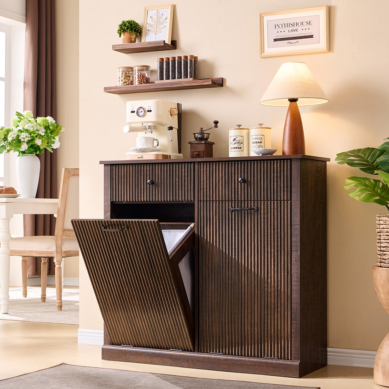 Modern Double Tilt-Out Trash Cabinet, 20 Gallon Fluted Laundry Hamper Cabinet with 2 Drawers, Wooden Hidden Garbage Can Cabinet w/Storage Basket,Free Standing for Kitchen & Living Room, Brown - Amazon product rated Grade A